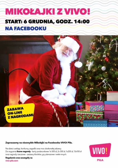 VIVO! Piła rozdaje prezenty podczas mikołajkowej transmisji na Facebooku Dziecko, LIFESTYLE - VIVO! Piła, 6 grudnia o godz. 14:00, zaprasza na mikołajkową transmisję na Facebooku, podczas której będą się odbywać m.in. zabawy, śpiewanie kolęd czy konkursy z atrakcyjnymi nagrodami.